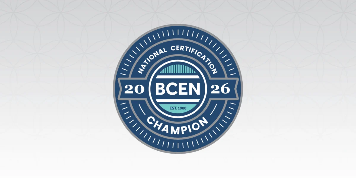 Circular blue and grey BCEN National Certification Champion badge featuring the years 2026 and EST. 1980.